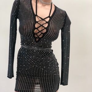 Black Lace Up Sequins Dress